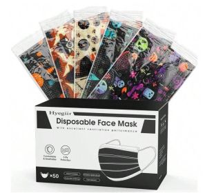 50 Pack Black Individually Wrapped Disposable Face Masks For Adult , 3-Ply Non-Woven Pattern Breathable Protective Face Mask With Funny Design