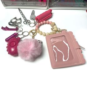 Beaded Card Bag Wool Ball Bottle Opener Finger Tiger Key Self-defense Key Buckle Set (Color: Pink Set)