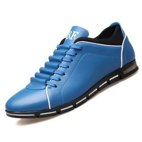 Spring Autumn New Men Shoes Casual Sneakers Fashion Solid Leather Shoes Formal Business Sport Flat Round Toe Light Breathable (Shoe Size: 46, Color: Blue)