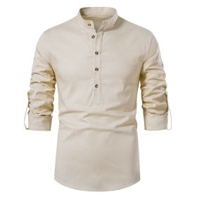 Men's Stand Collar Cotton Linen Long Sleeve Shirt (Color: Brown, size: XS)