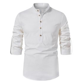 Men's Stand Collar Cotton Linen Long Sleeve Shirt (Color: White, size: M)