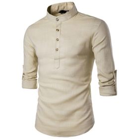 Men's Henley Shirt Mandarin Collar Long Sleeve Loose Fit Linen Shirts (Color: Khaki, size: M)