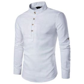 Men's Henley Shirt Mandarin Collar Long Sleeve Loose Fit Linen Shirts (Color: White, size: XL)