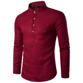 Men's Henley Shirt Mandarin Collar Long Sleeve Loose Fit Linen Shirts (Color: Red, size: XS)