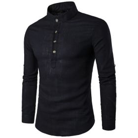 Men's Henley Shirt Mandarin Collar Long Sleeve Loose Fit Linen Shirts (Color: Black, size: XS)