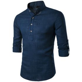 Men's Henley Shirt Mandarin Collar Long Sleeve Loose Fit Linen Shirts (Color: Navy Blue, size: XS)