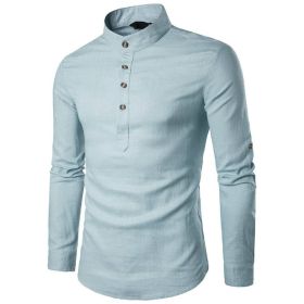 Men's Henley Shirt Mandarin Collar Long Sleeve Loose Fit Linen Shirts (Color: Light Blue, size: S)