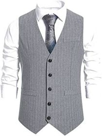 Mens Stripes Hoodless Vests Single Row Five Buttons Slim Fit Clothes for Banquet, Ceremony (Color: Light grey, size: XL)