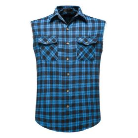 Mens Casual Plaid Snap Shirt Sleeveless with Pocket (Color: Blue, size: M)