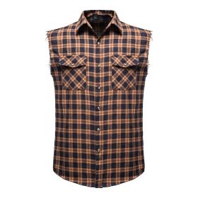 Mens Casual Plaid Snap Shirt Sleeveless with Pocket (Color: coffee, size: XXL)