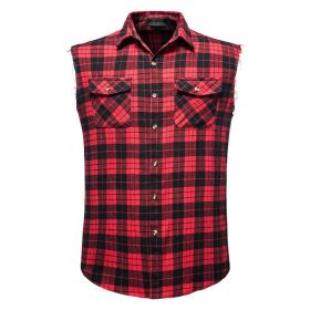 Mens Casual Plaid Snap Shirt Sleeveless with Pocket (Color: small red, size: L)