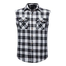 Mens Casual Plaid Snap Shirt Sleeveless with Pocket (Color: small black, size: S)