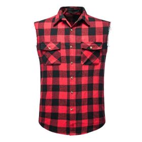 Mens Casual Plaid Snap Shirt Sleeveless with Pocket (Color: big red, size: XXL)