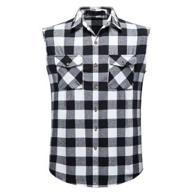 Mens Casual Plaid Snap Shirt Sleeveless with Pocket (Color: big black, size: S)