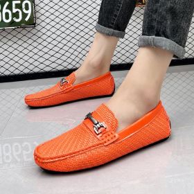 2024 men's bean shoes casual leather shoes with a slip-on loafers (colour: orange, size: 40)