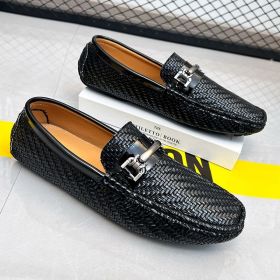 2024 men's bean shoes casual leather shoes with a slip-on loafers (colour: black, size: 43)