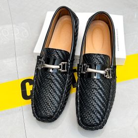 2024 men's bean shoes casual leather shoes with a slip-on loafers (colour: black, size: 44)