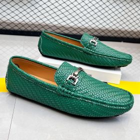 2024 men's bean shoes casual leather shoes with a slip-on loafers (colour: green, size: 42)