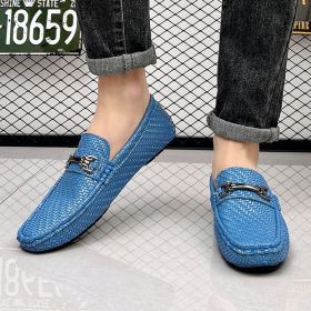 2024 men's bean shoes casual leather shoes with a slip-on loafers (colour: blue, size: 46)