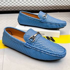 2024 men's bean shoes casual leather shoes with a slip-on loafers (colour: blue, size: 39)