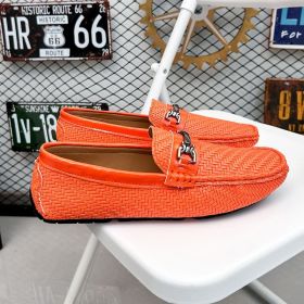 2024 men's bean shoes casual leather shoes with a slip-on loafers (colour: orange, size: 44)