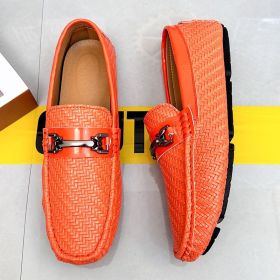 2024 men's bean shoes casual leather shoes with a slip-on loafers (colour: orange, size: 43)