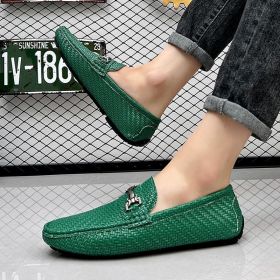 2024 men's bean shoes casual leather shoes with a slip-on loafers (colour: green, size: 45)