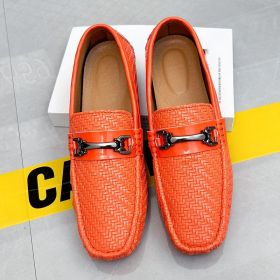 2024 men's bean shoes casual leather shoes with a slip-on loafers (colour: orange, size: 48)