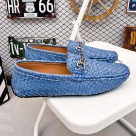 2024 men's bean shoes casual leather shoes with a slip-on loafers (colour: blue, size: 44)