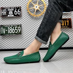 2024 men's bean shoes casual leather shoes with a slip-on loafers (colour: green, size: 39)