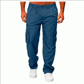 Men's Casual Multi-pocket Loose Straight Cargo Pants (Option: Denim blue-3XL)